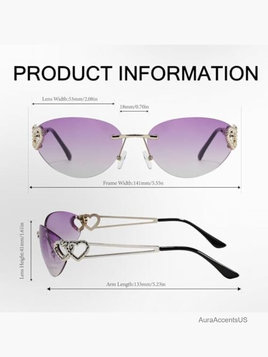 Vintage Rimless Double Heart Sunglasses Wrap Around Frame Y2K Trendy main image 5